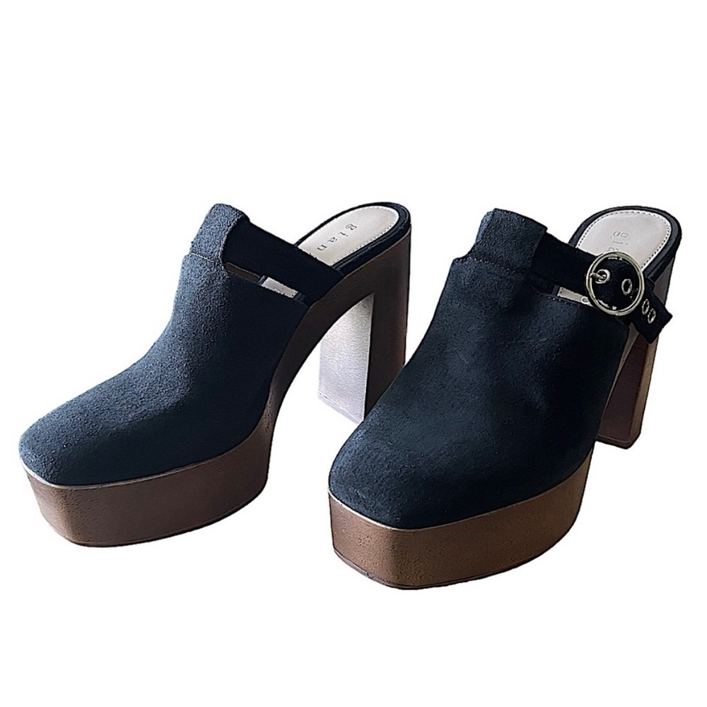 NWT Gianni Bini Black Suede Sotelo Platform Mules Clogs 70s Look Buckle Sz 7.5"